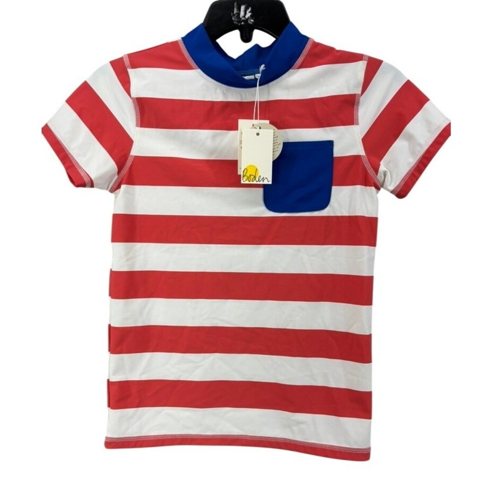 NWT Boden Rash Guard Boys 11-12Y Red White‎ Striped UPF 50+ Swim Shirt B1854